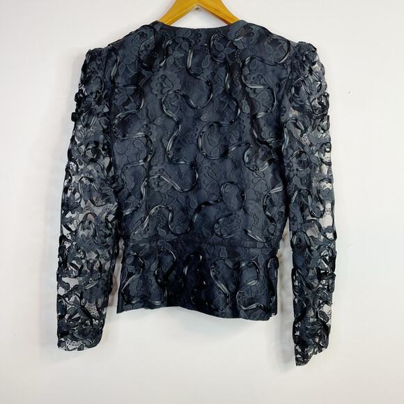 Vintage Patra Black Lace Ribbon Soutache Mesh Fitted Jacket Puff Shoulders Bow 6 - Picture 5 of 16